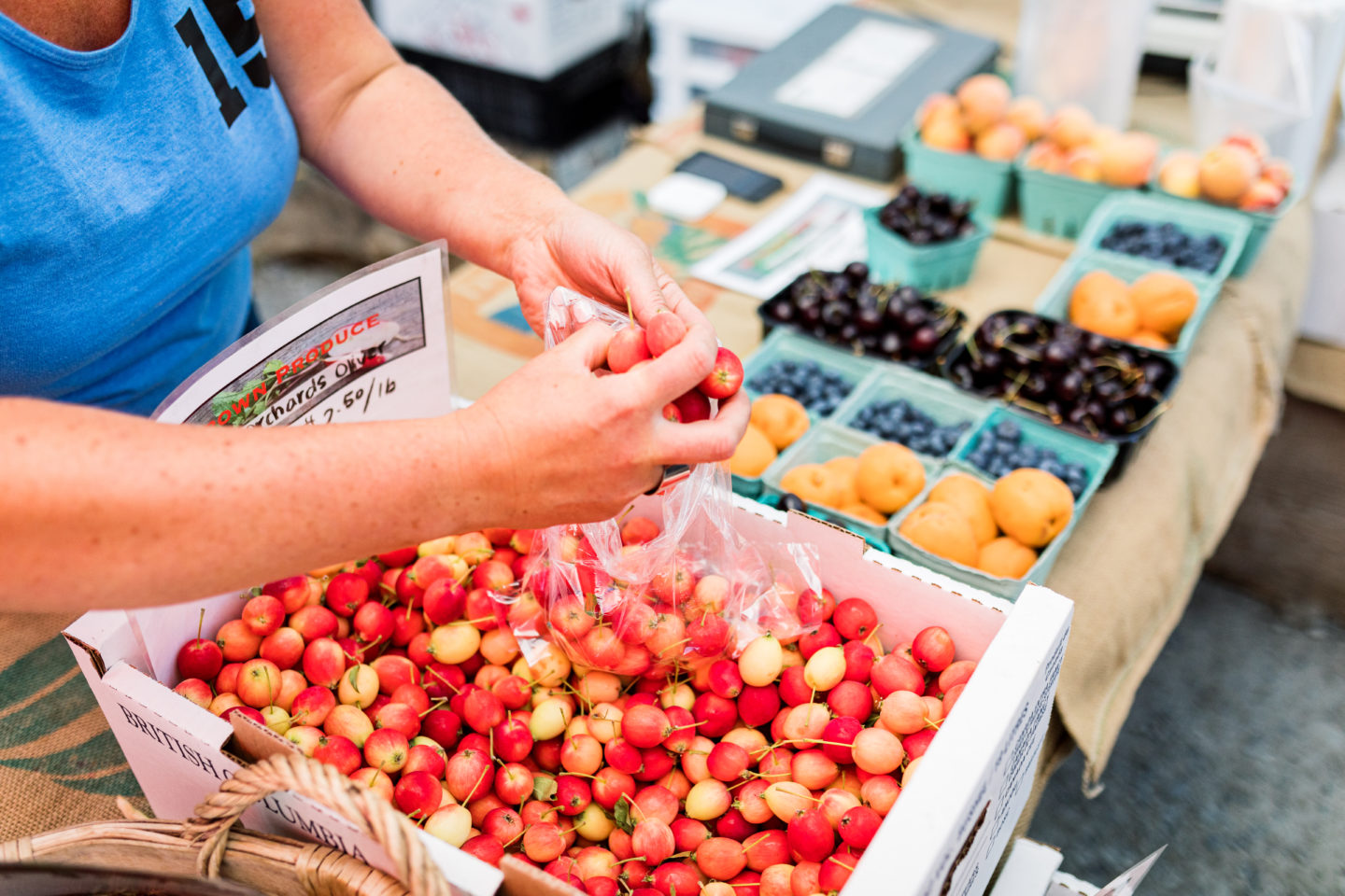 cherries and other fruit on a market table